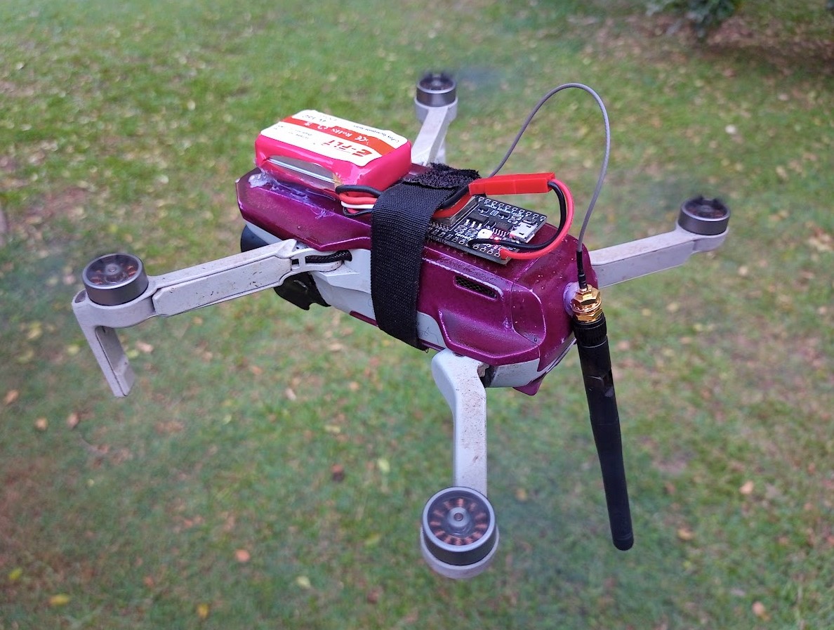 A photo of the red_orca wifi scanning drone in flight.